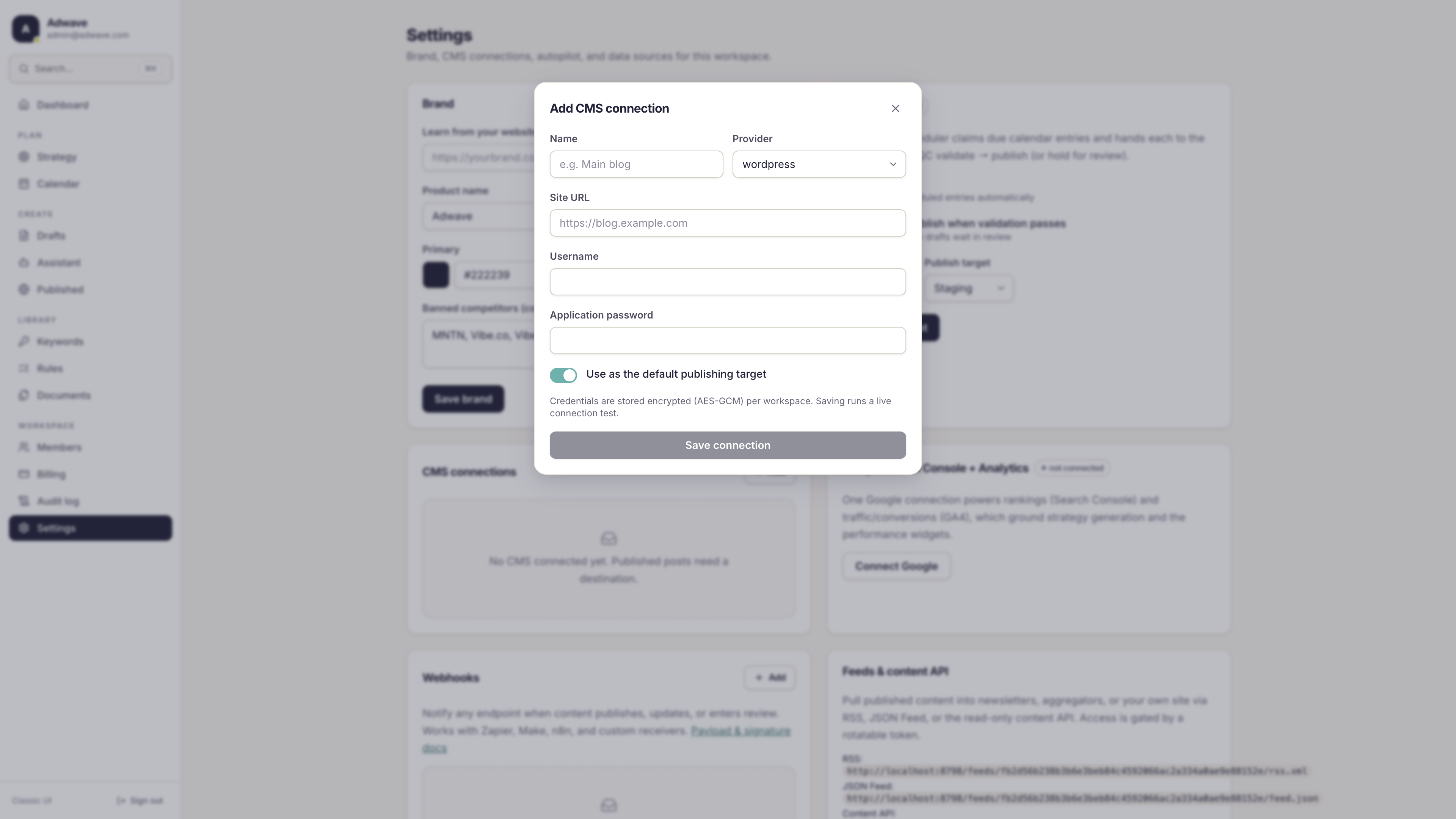 The Add CMS connection dialog with WordPress selected
