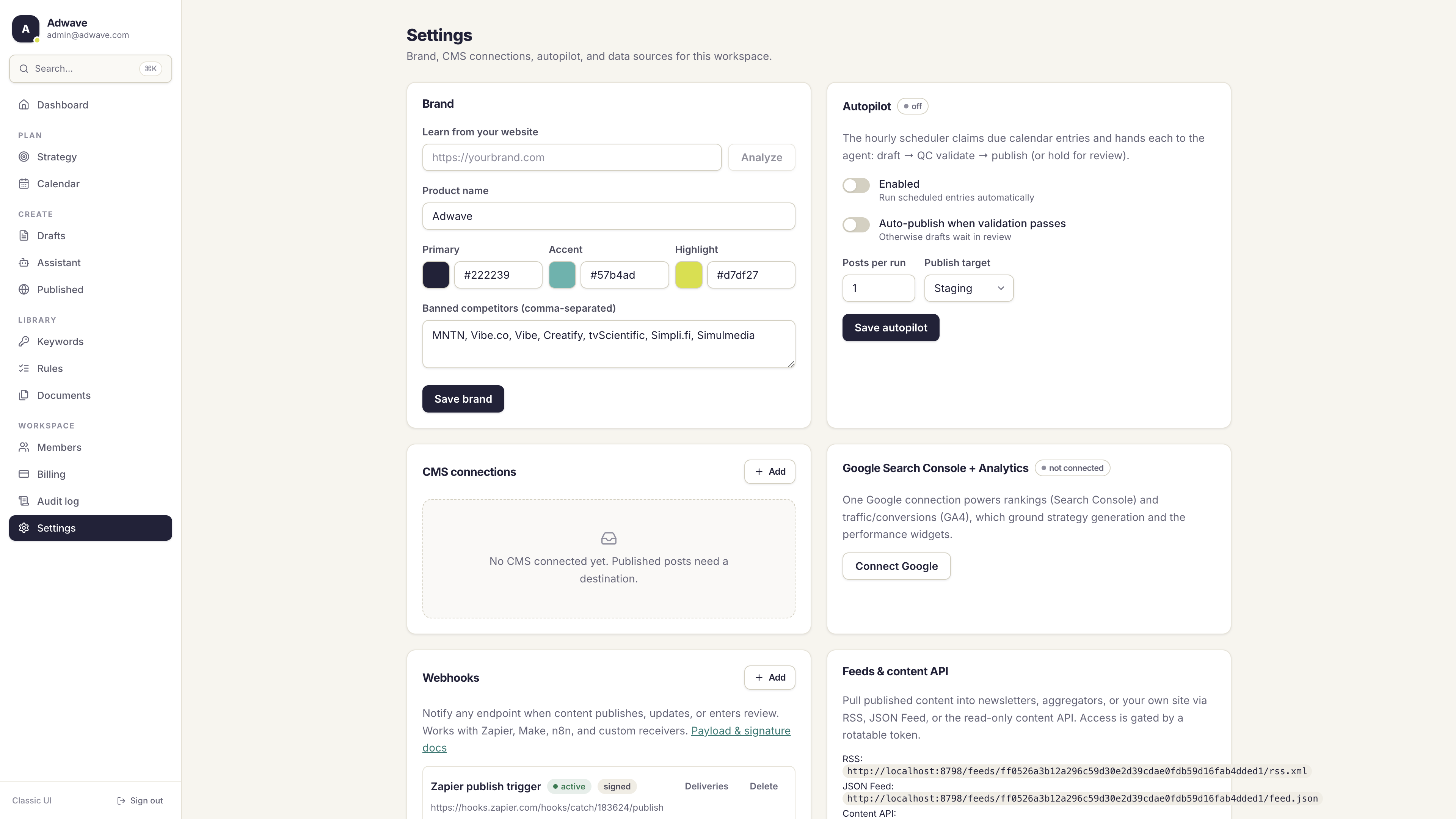 Settings page showing the CMS connections card