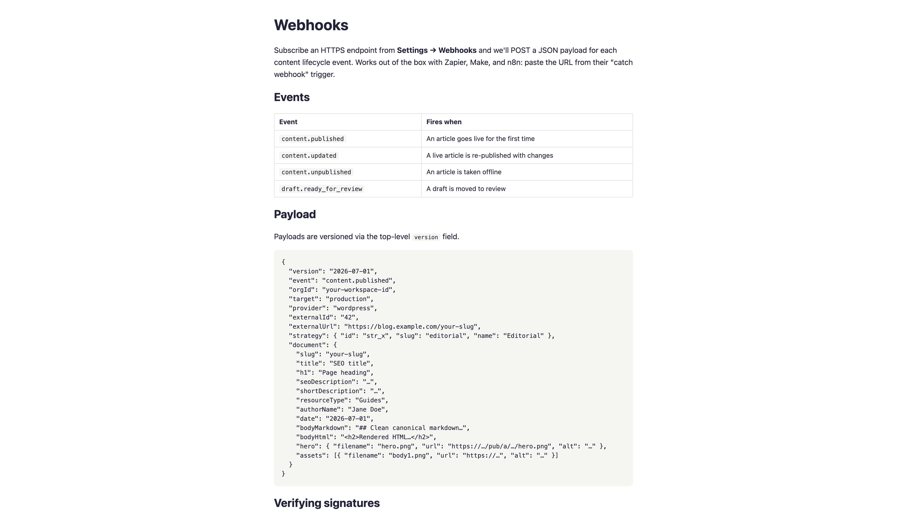 The public webhook documentation page