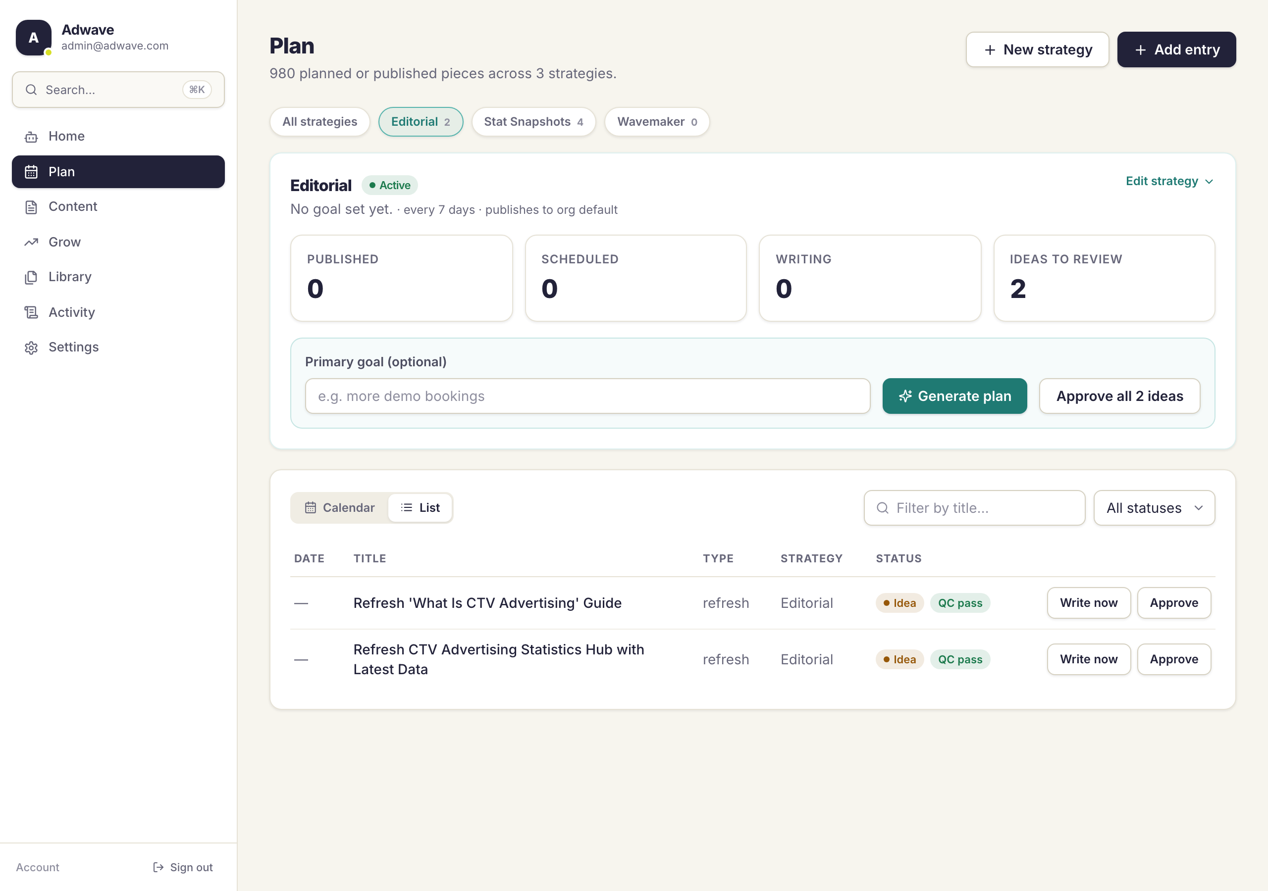 The Plan page tracking published, scheduled, and in-review content per strategy on one calendar