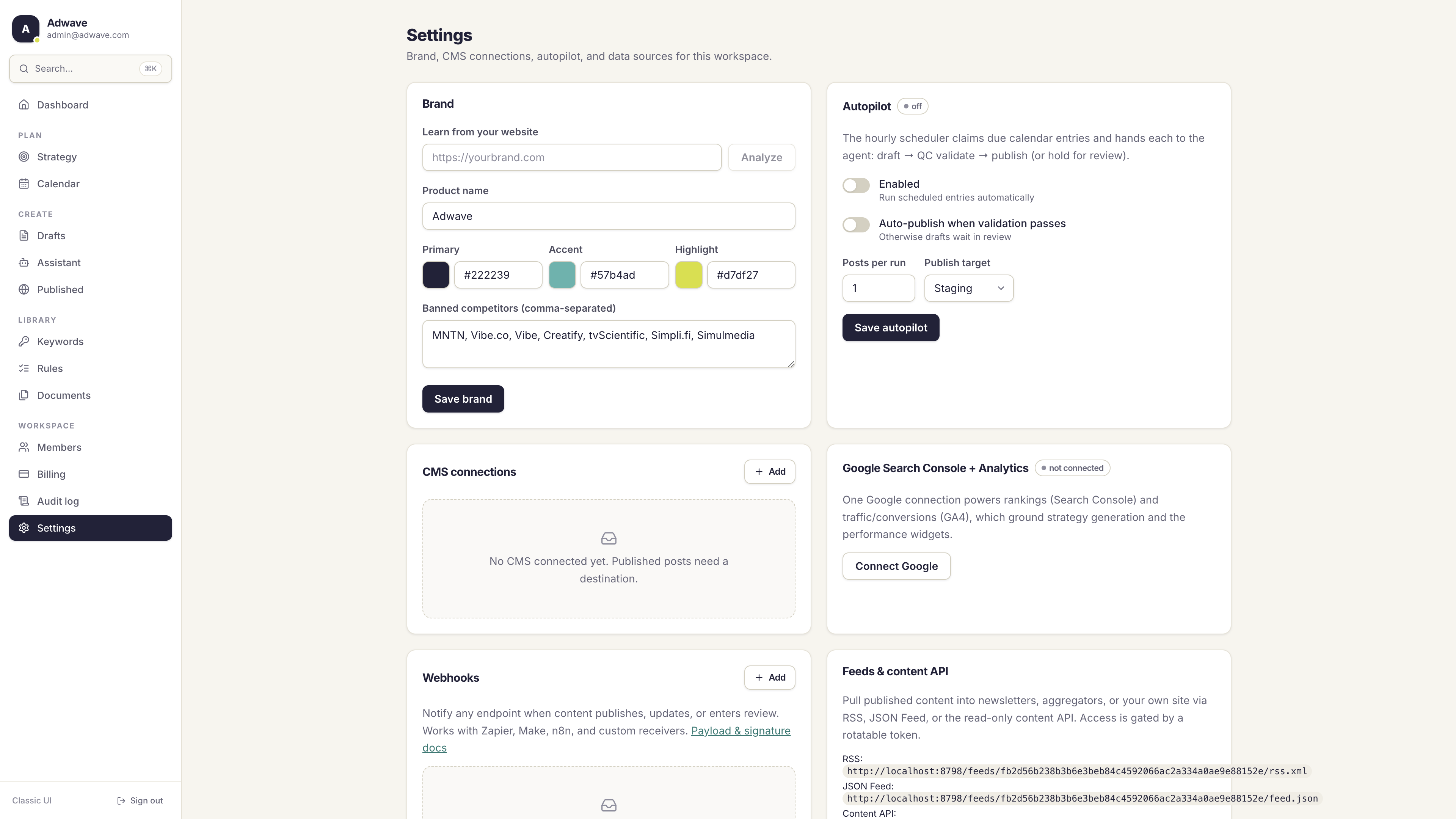 The Settings page with the Google Search Console + Analytics card and its Connect Google button