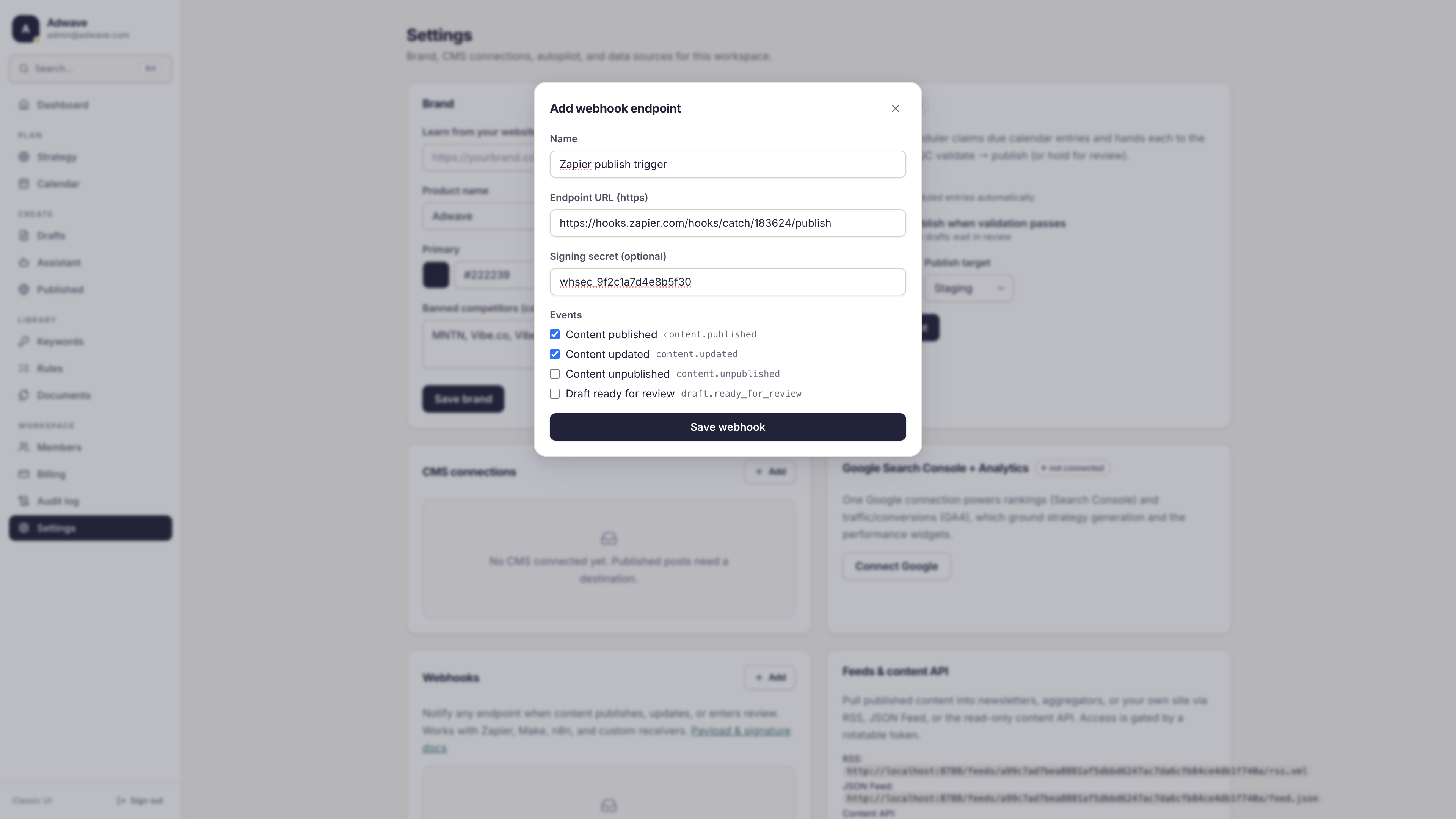 The Add webhook endpoint dialog with a name, endpoint URL, signing secret, and event checkboxes