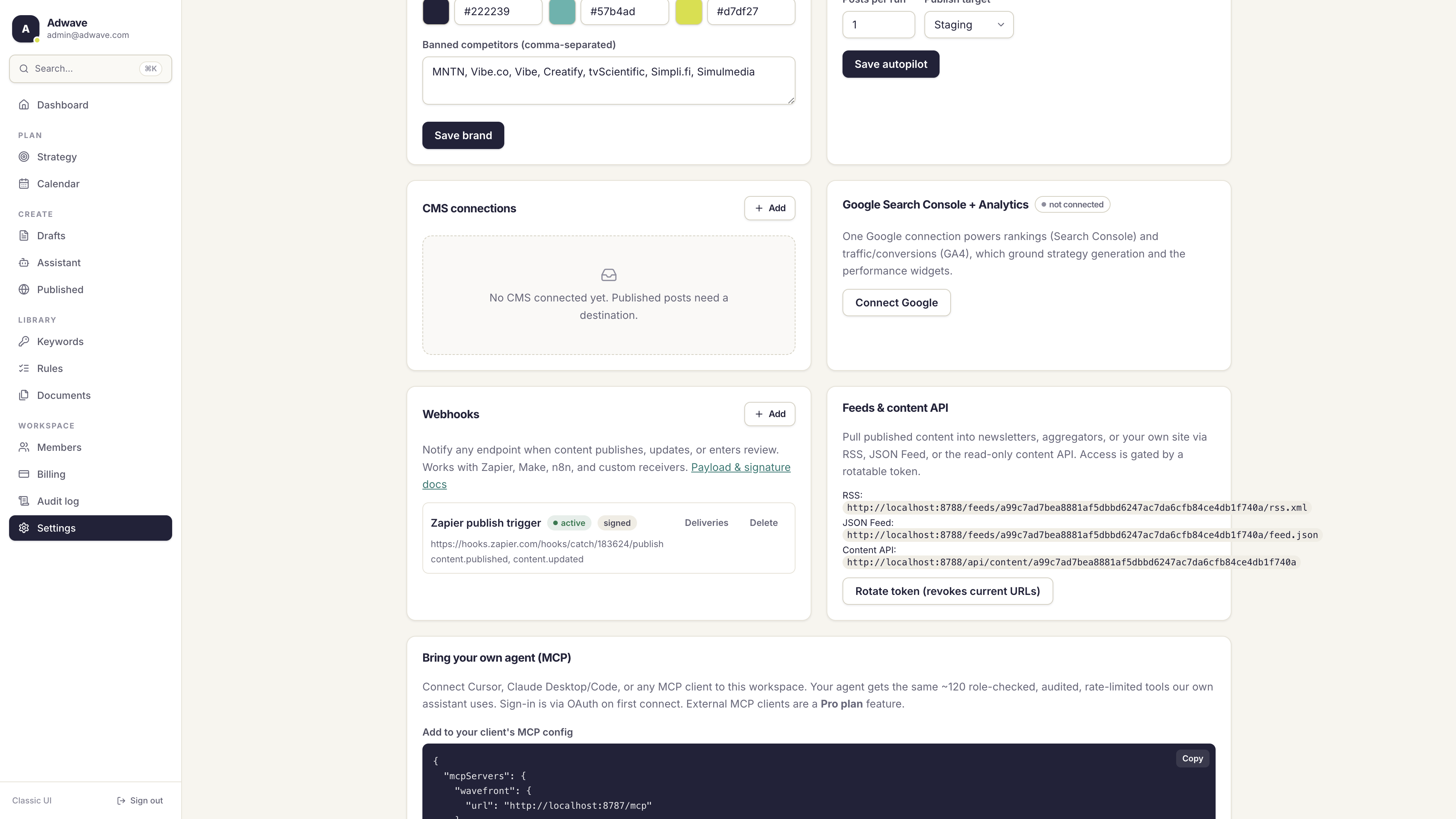 The Webhooks card in Settings showing an active, signed endpoint subscribed to content.published and content.updated