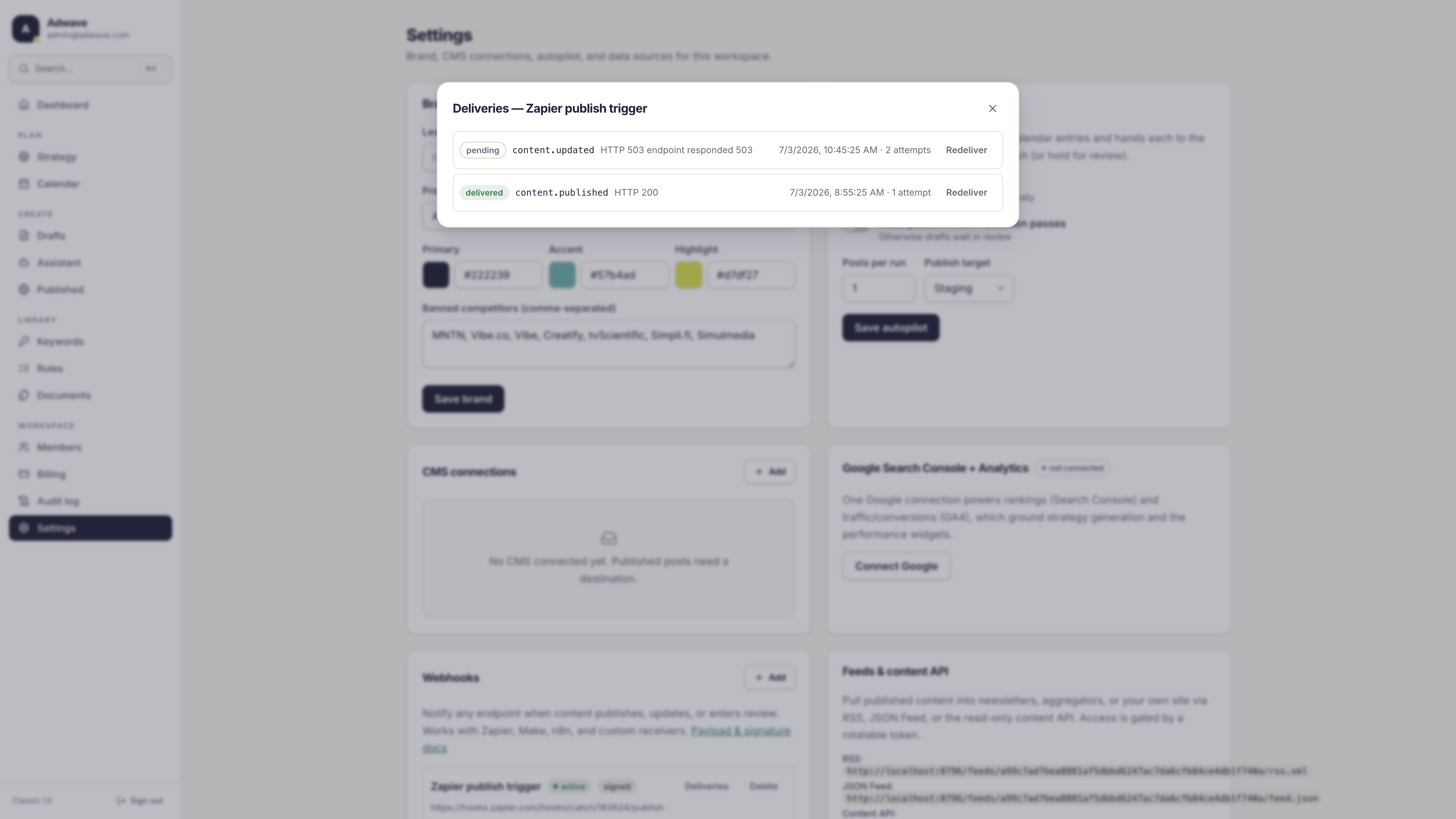The delivery log dialog showing a pending delivery with an HTTP 503 error and a successfully delivered event